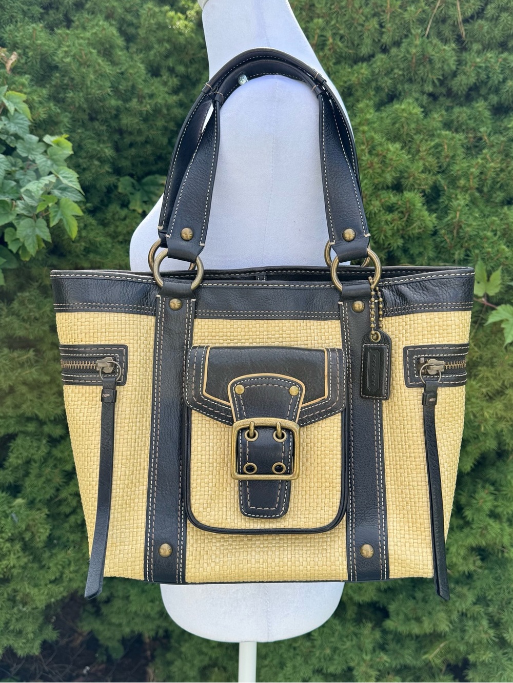 Coach Legacy Straw Tote with Black Leather Trim and Buckle Detail